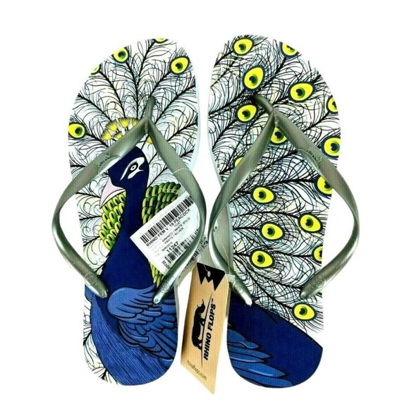 Rhino Flops Flip Flops  Women's M (7-8)  NWT  Peacock Pattern Footbed Sandals - Picture 1 of 4